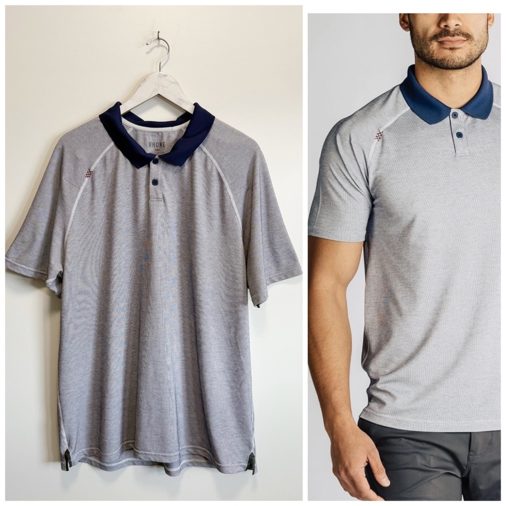 RHONE Lightweight Delta Pique Polo Short Sleeve Top Navy Blue Striped XL